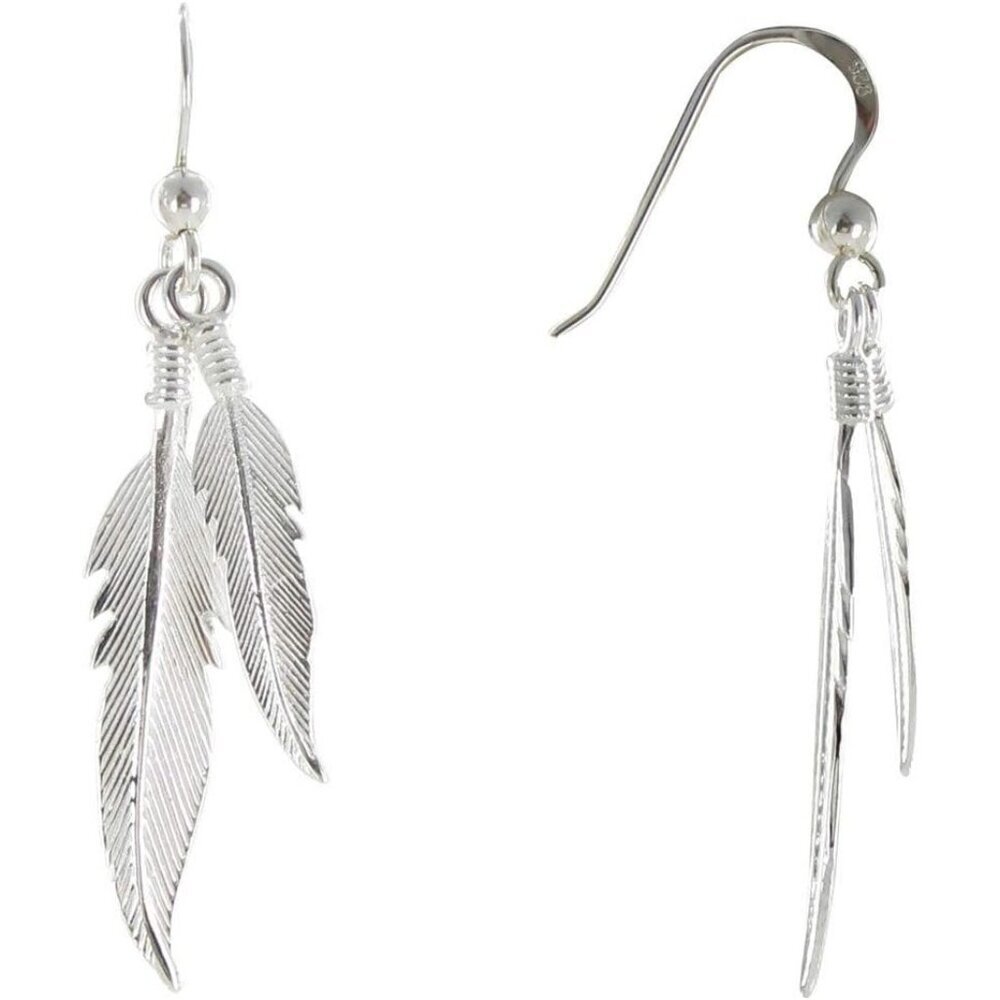 925 Sterling Silver French Wire  Two Feathers Dangle Drop Trendy Earrings